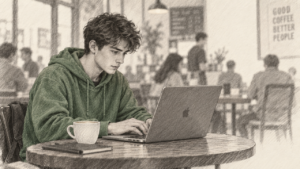 Illustration of a young professional studying on a laptop with coffee in a busy coffee shop.