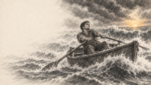 Illustration of a man rowing a small boat through a storm toward sunlight, representing perseverance and a growth mindset.