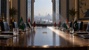 Illustration of a diplomatic boardroom set with Gulf, Indian and Pakistani flags ahead of talks.