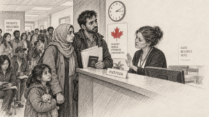 Illustration of an immigrant family at a Canadian clinic reception desk holding a passport, below signs reading Patients Welcomed Here and Care Belongs Here.
