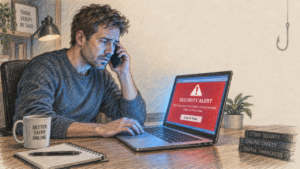 Illustration of a man panicking at a fake security alert pop-up on his laptop, with a phishing hook behind him.